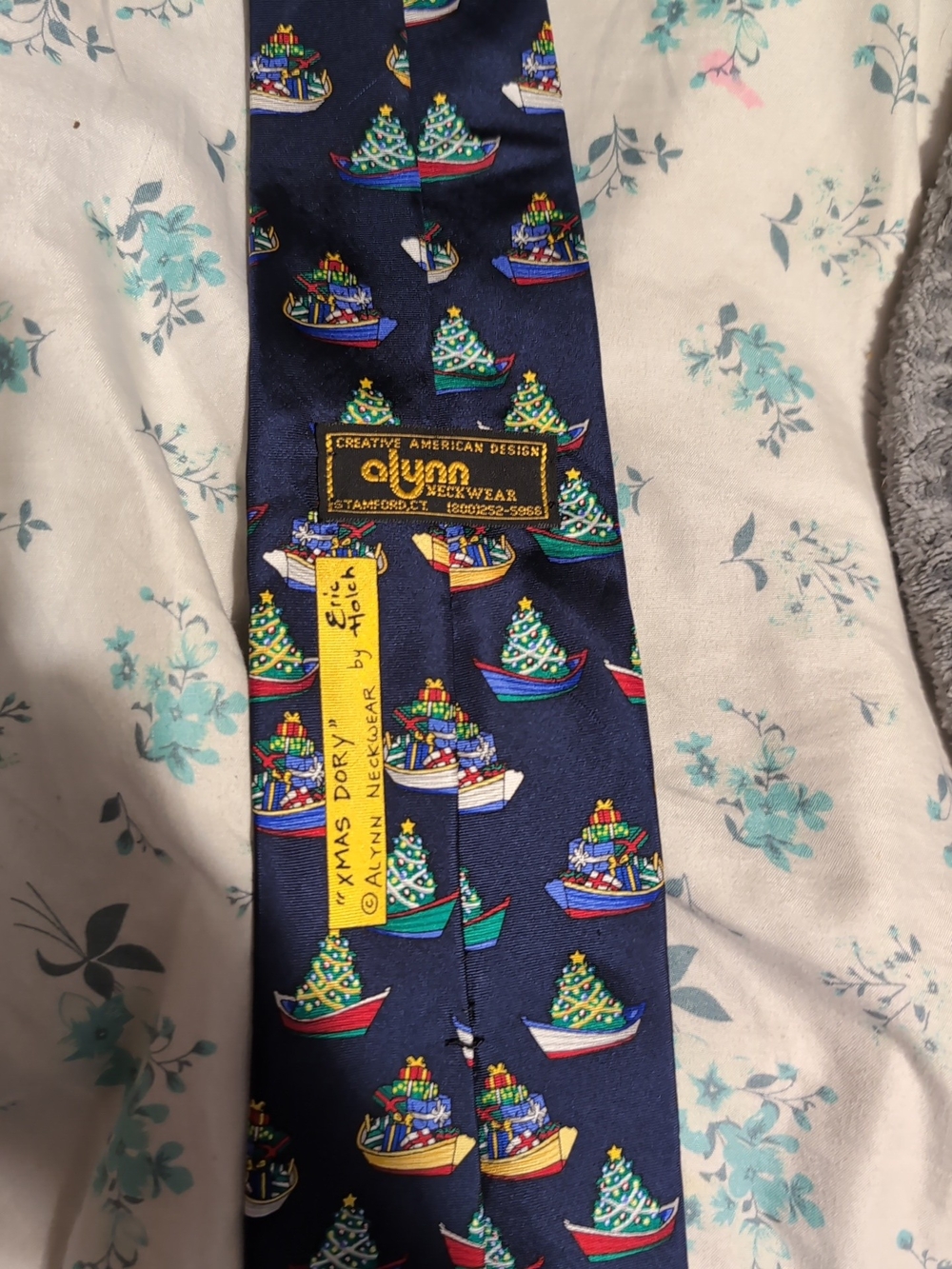 Quinn Neckwear Navy Christmas Tree & Boat Pattern Tie